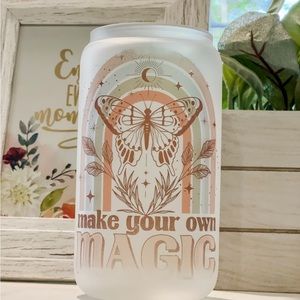 Frosted glass can with lid and glass straw